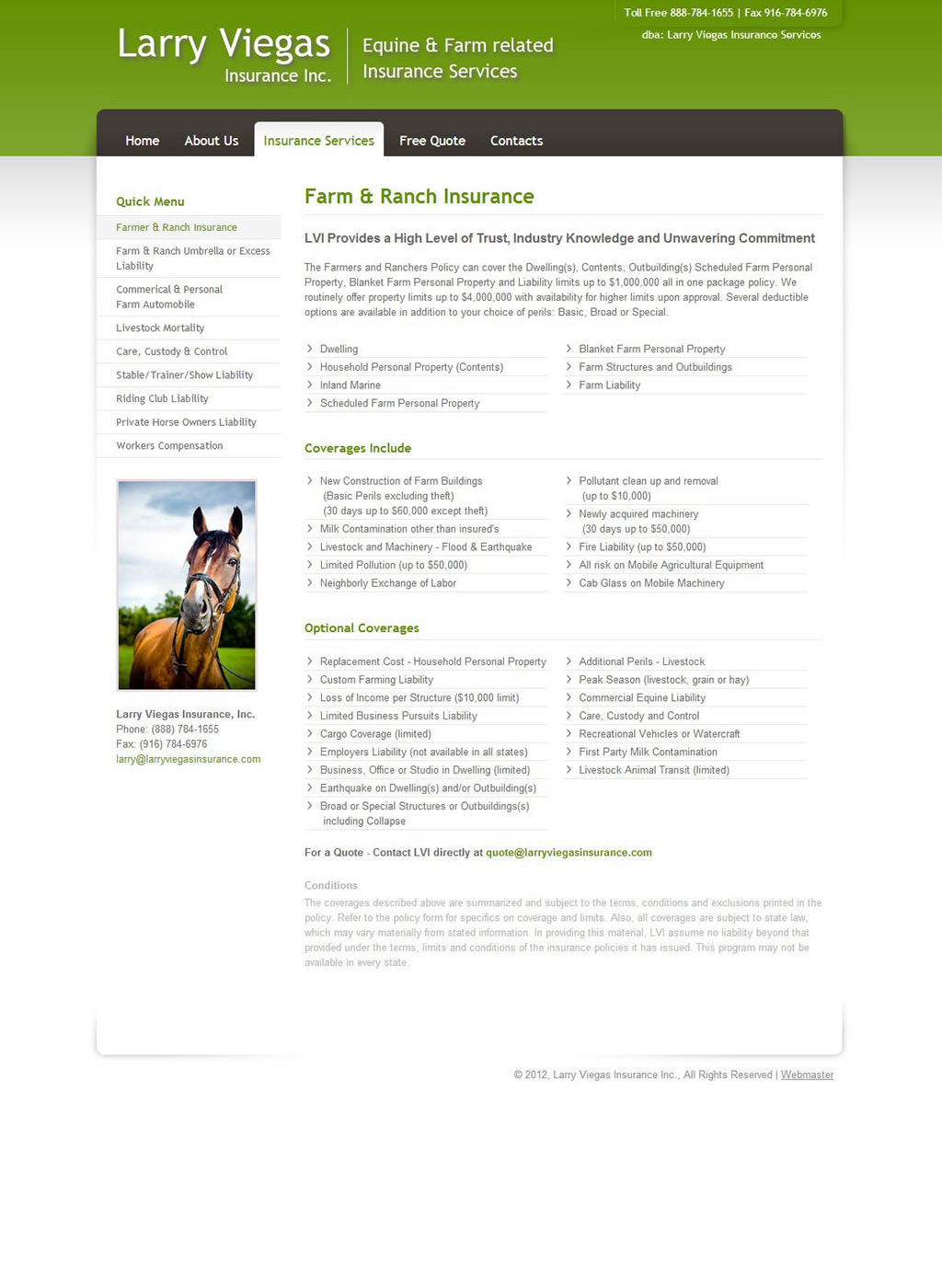 Farm and Ranch Insurance page for Larry Viegas Insurance, Inc.