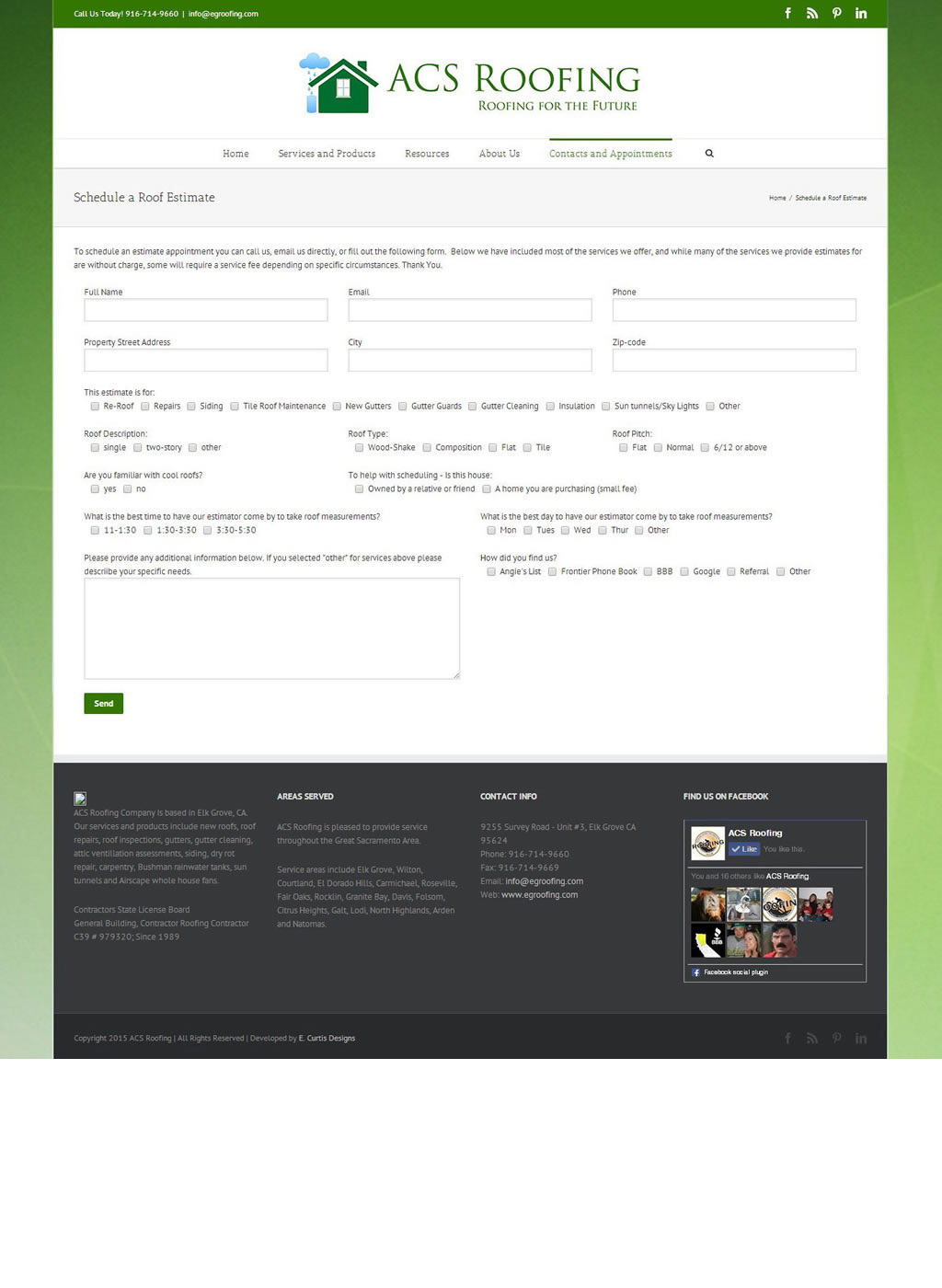 Roof estimate page of ACS Roofing