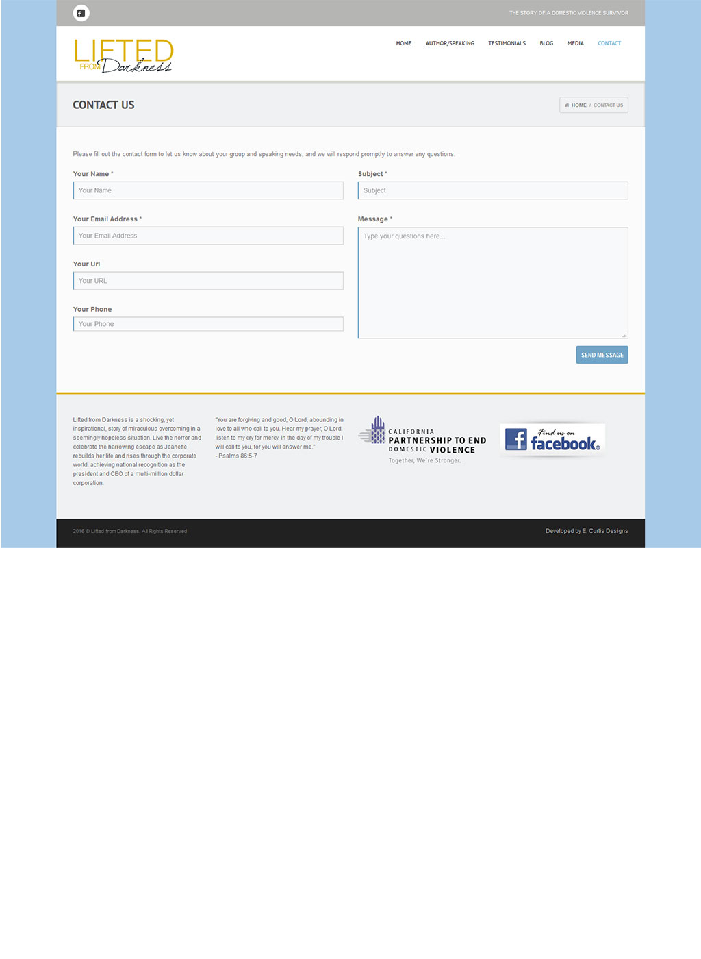 Contact page of Lifted from Darkness