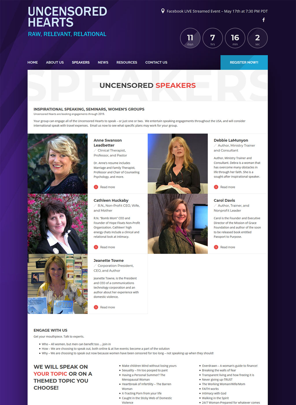 Overview page of the Christian women event speakers