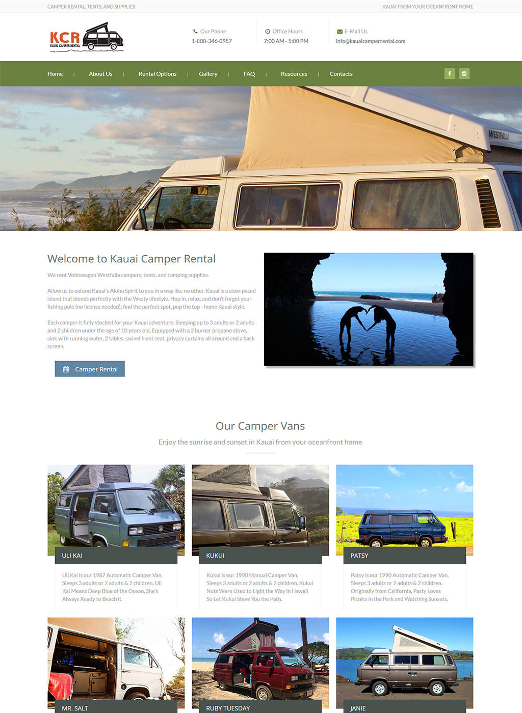 Website developed for a camper rental business on Kauai