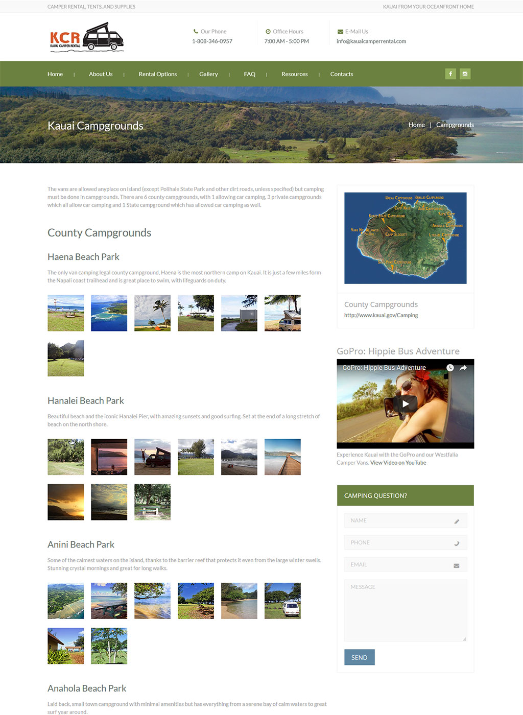 Camper rental page developed for Kauai camper rental business
