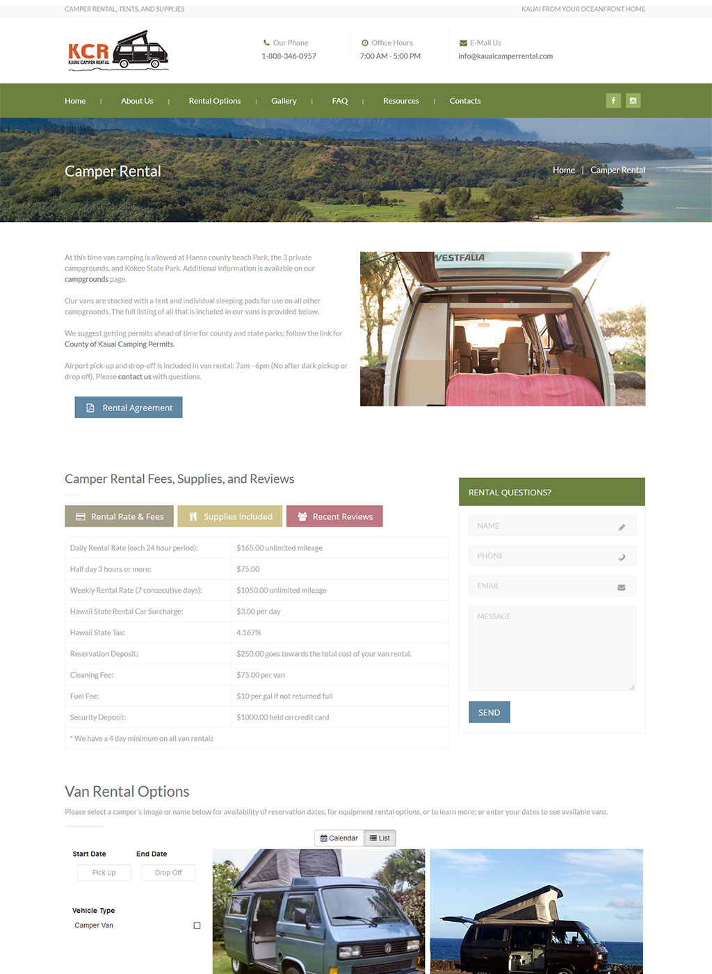 Campgrounds page developed for Kauai camper rental business