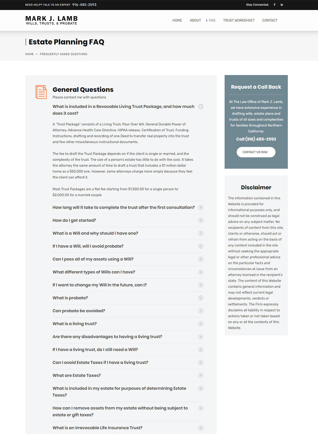 Estate planning faq page developed for Sacramento estate planning attorney