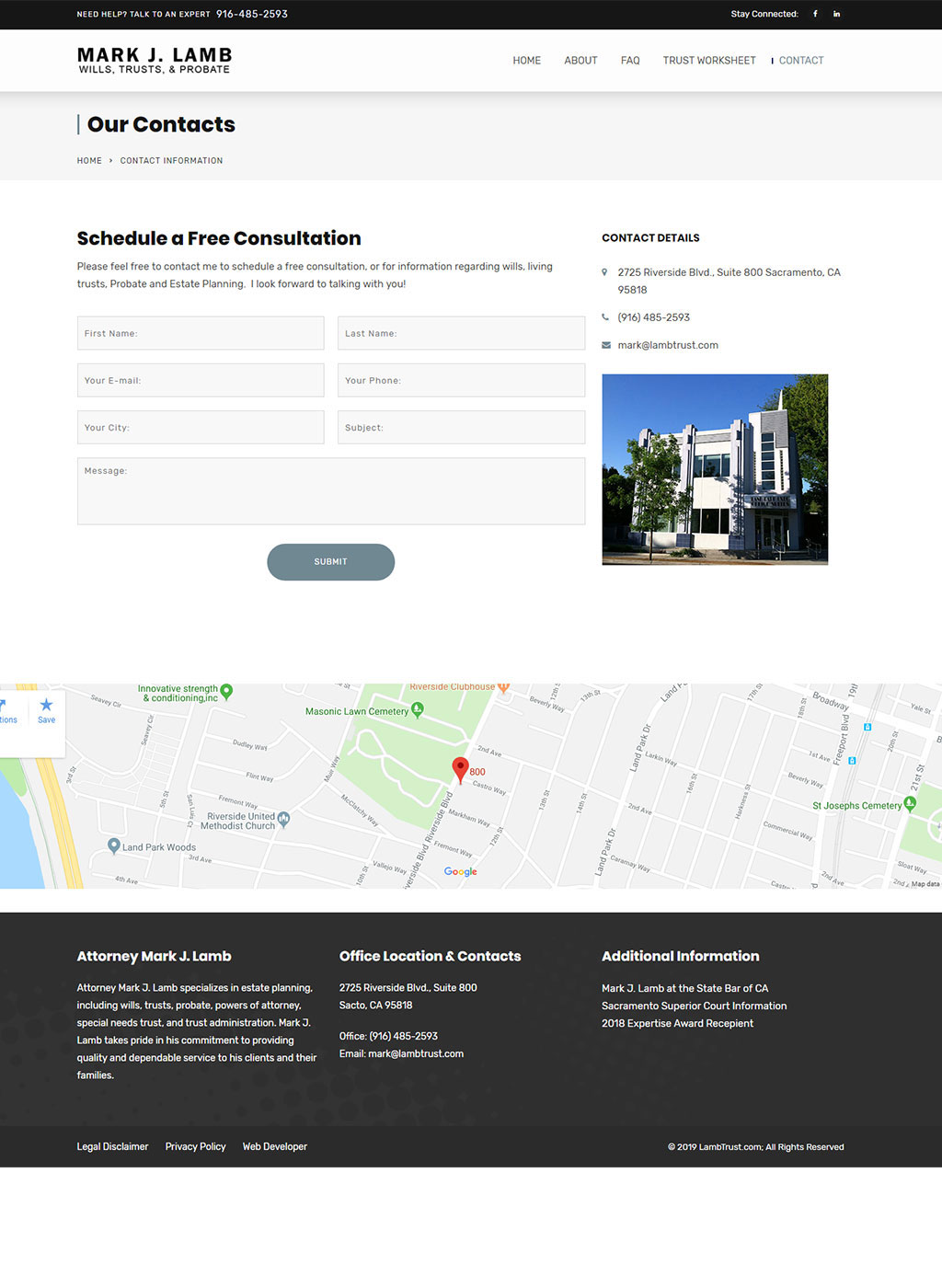 Contact page developed for Sacramento estate planning attorney