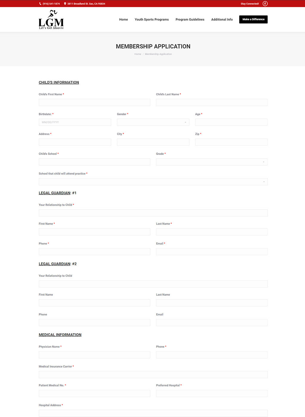 Membership application page with form developed for Sacramento youth sports website