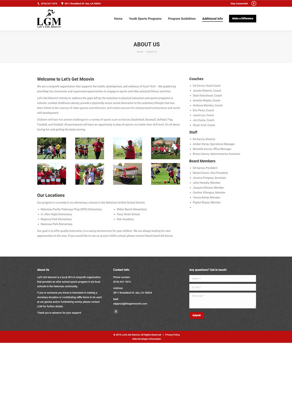 About us page developed for Sacramento youth sports website