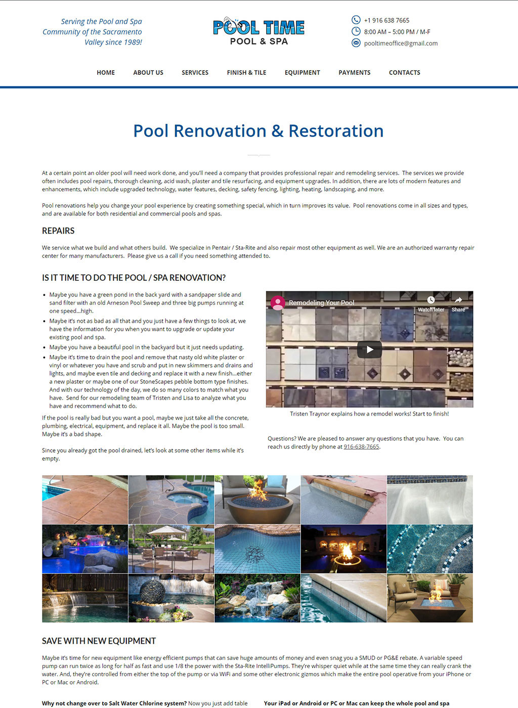 Pool renovation and restoration page developed for Sacramento pool and spa construction business
