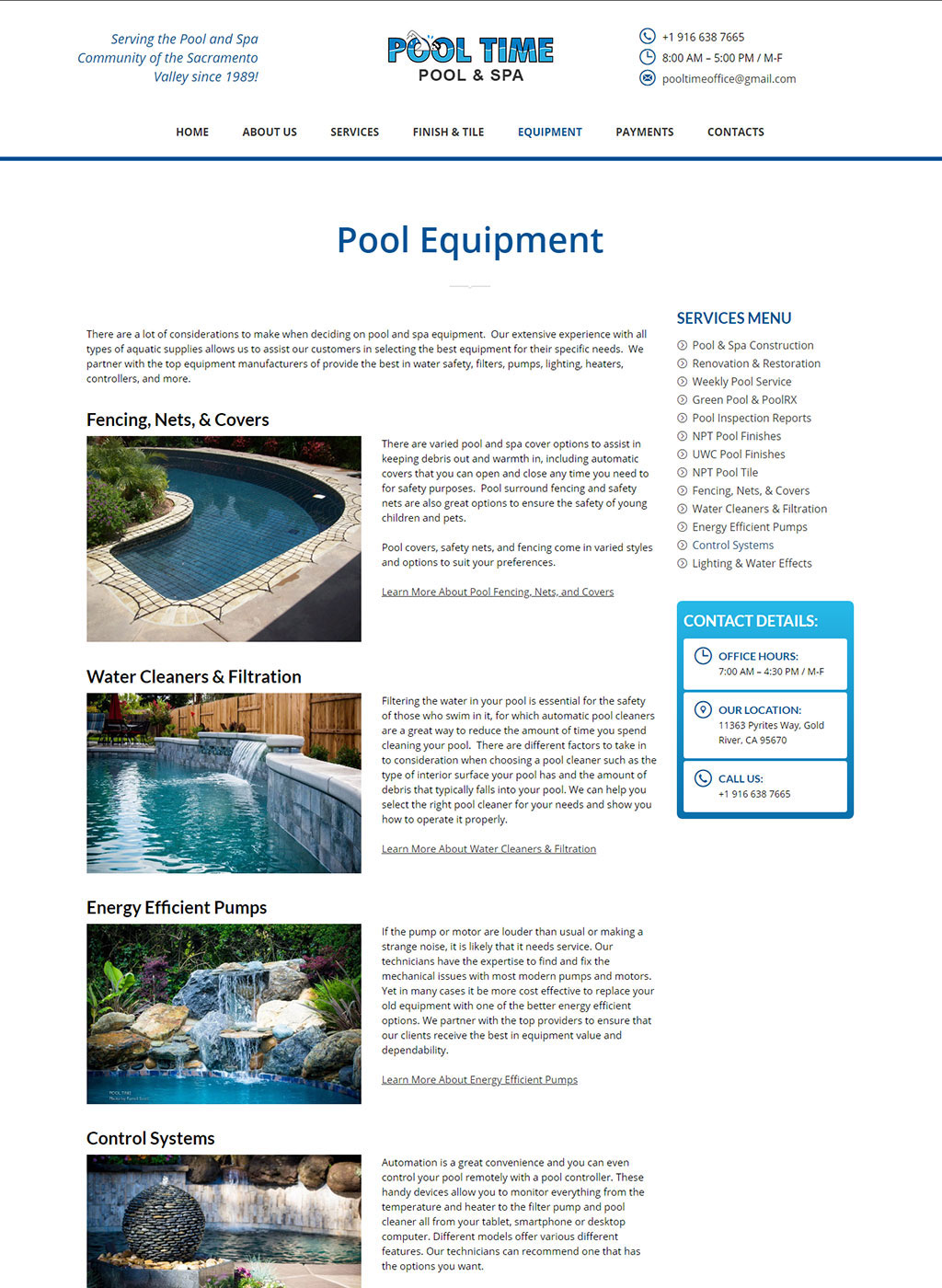 Pool equipment page developed for Sacramento pool and spa contractors