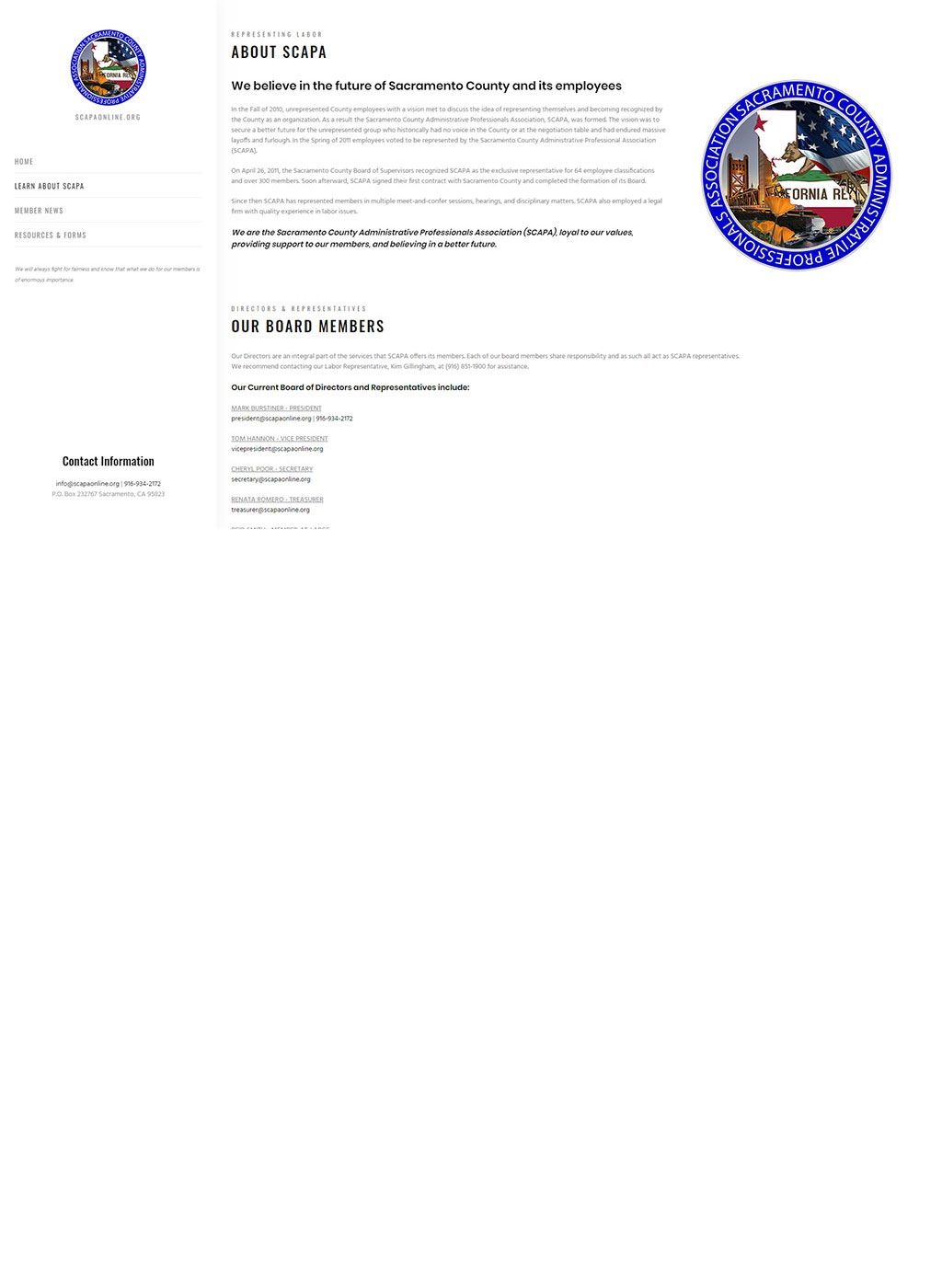 About us and board of directors page developed for Sacramento county labor union website