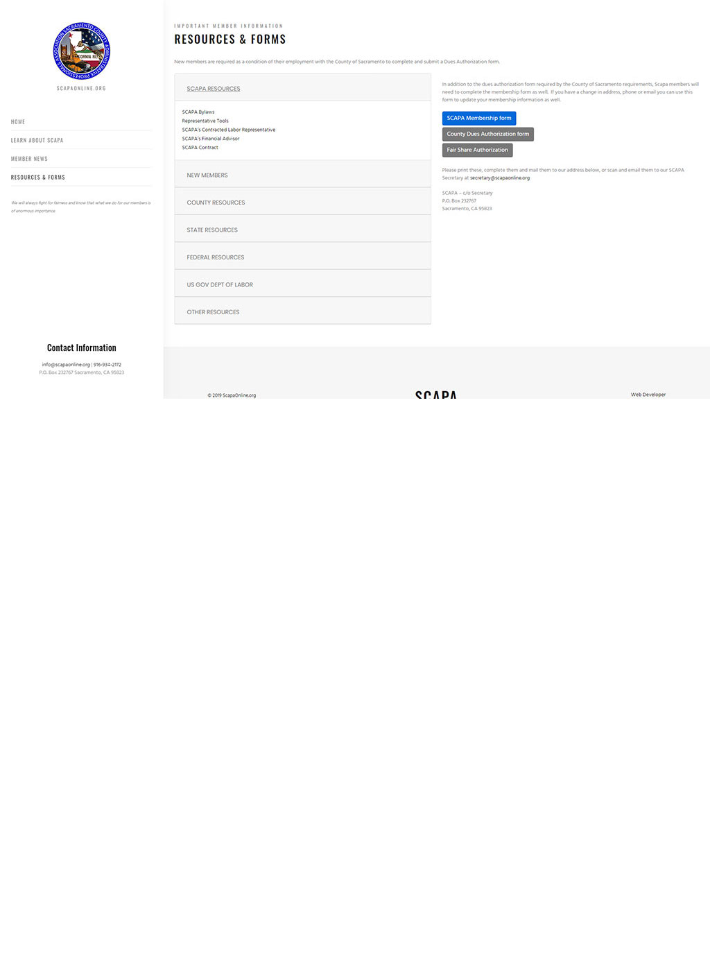 Resources and forms page developed for Sacramento county labor union website