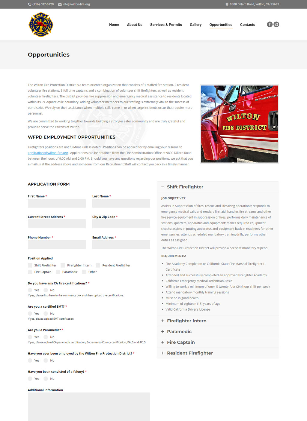Website developed for Wilton Fire Protection District