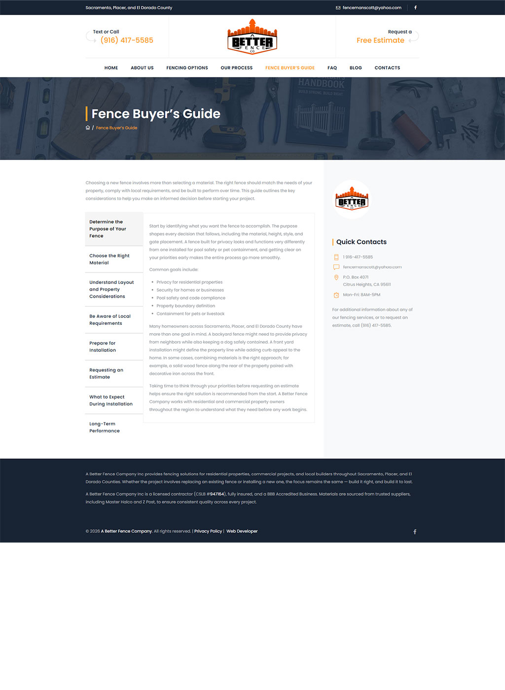 Website developed for A Better Fence Company