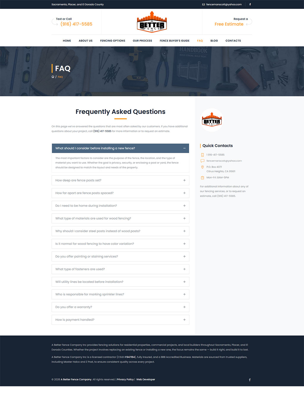 Website developed for A Better Fence Company