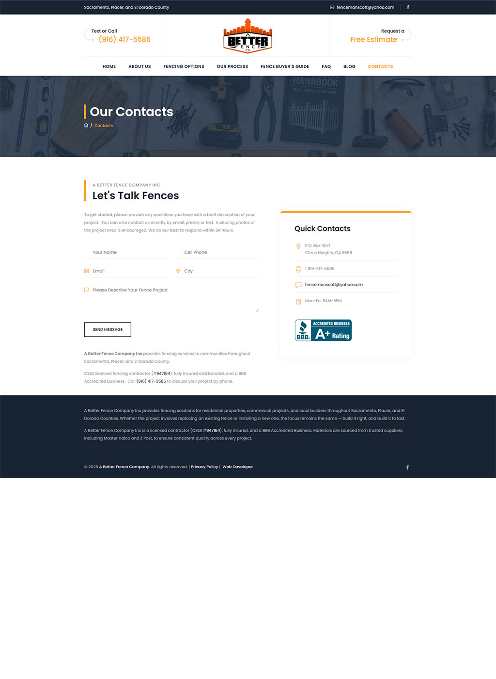 Website developed for A Better Fence Company
