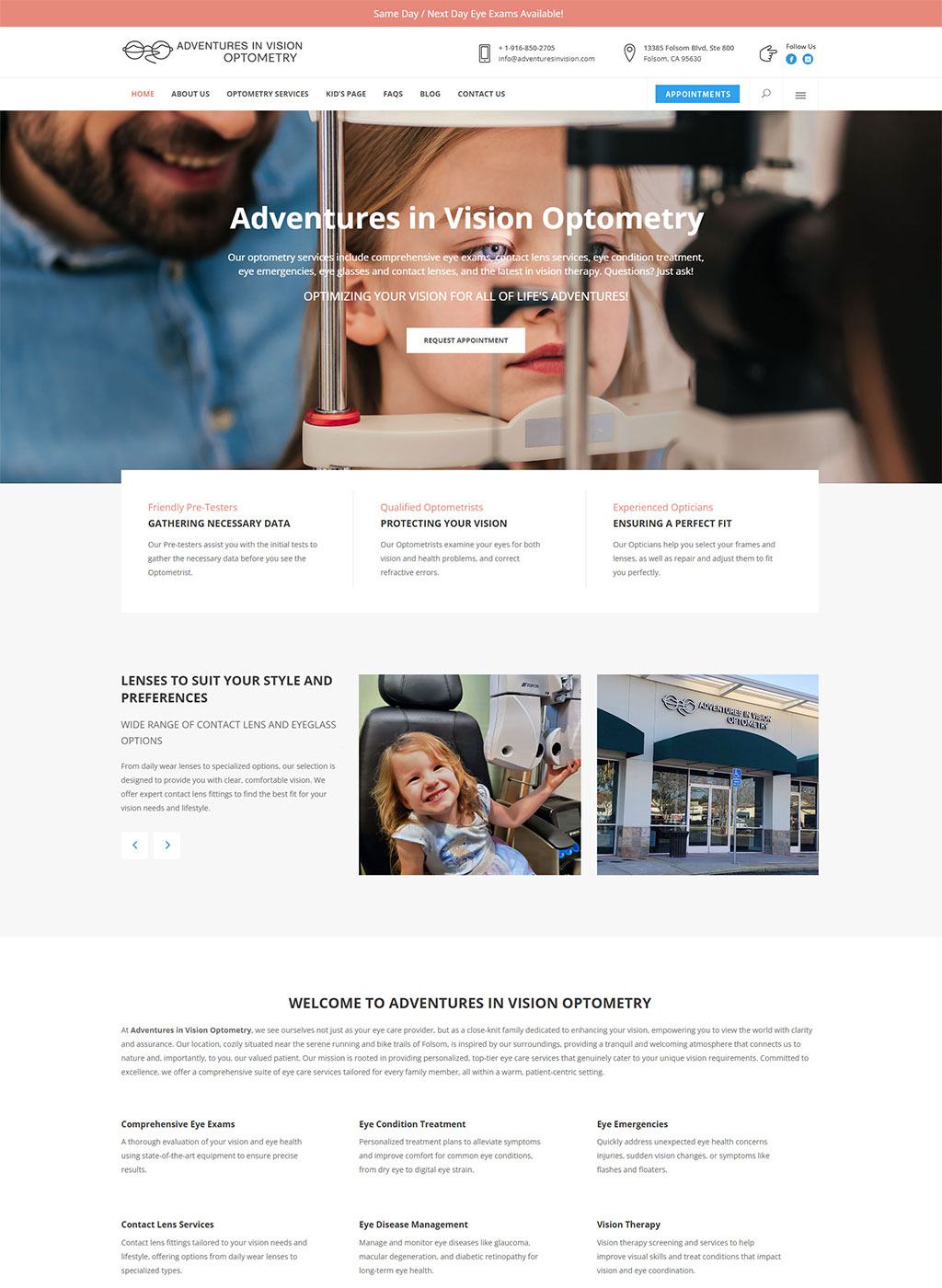 Website developed for Adventures in Vision Optometry