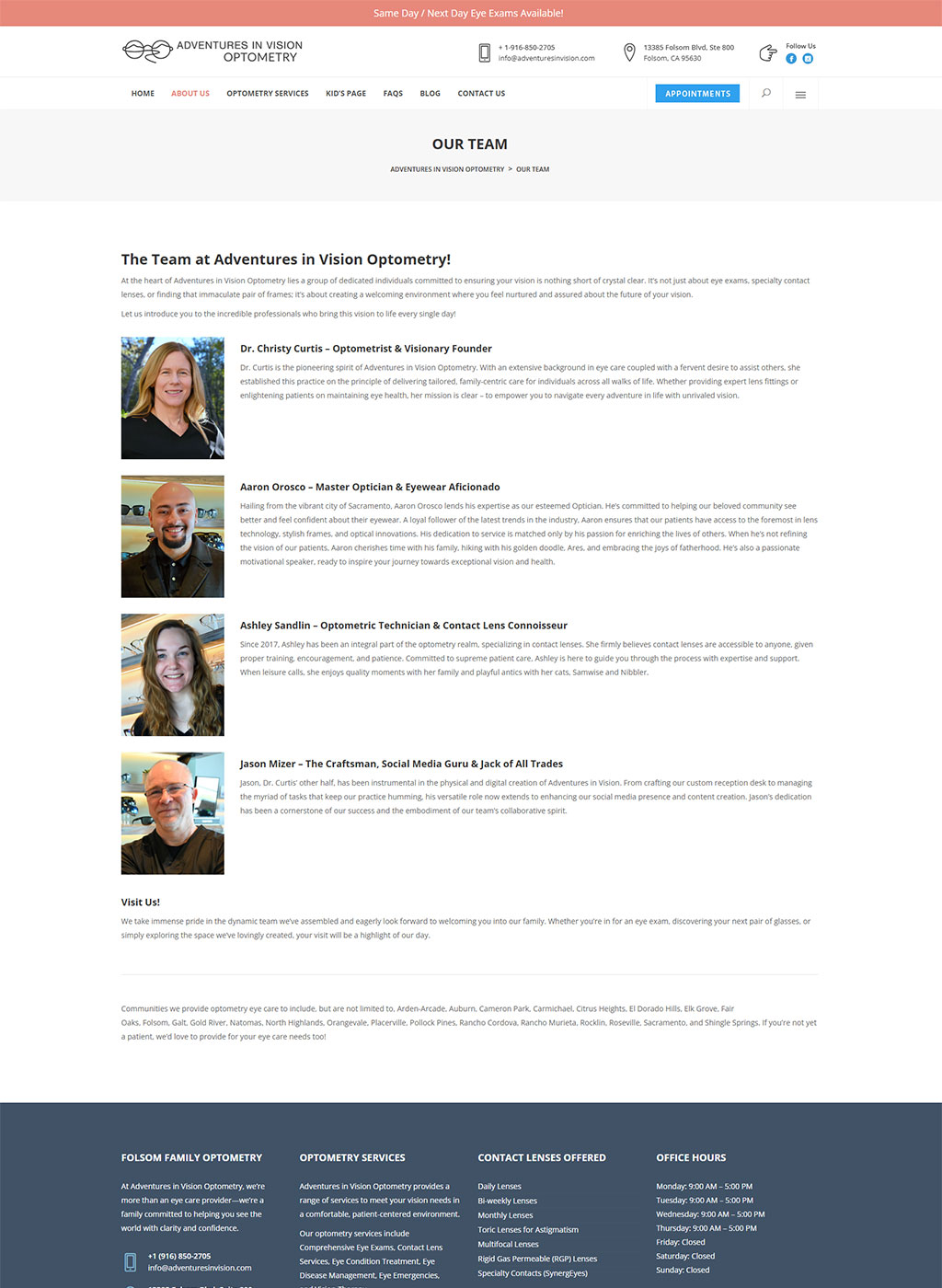Website developed for Adventures in Vision Optometry