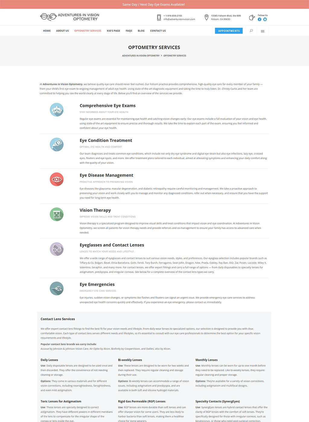 Website developed for Adventures in Vision Optometry