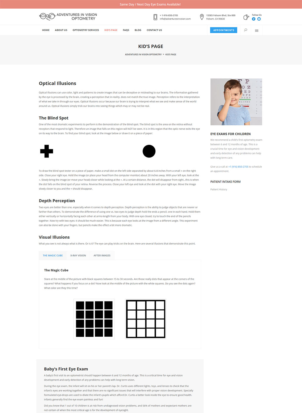 Website developed for Adventures in Vision Optometry