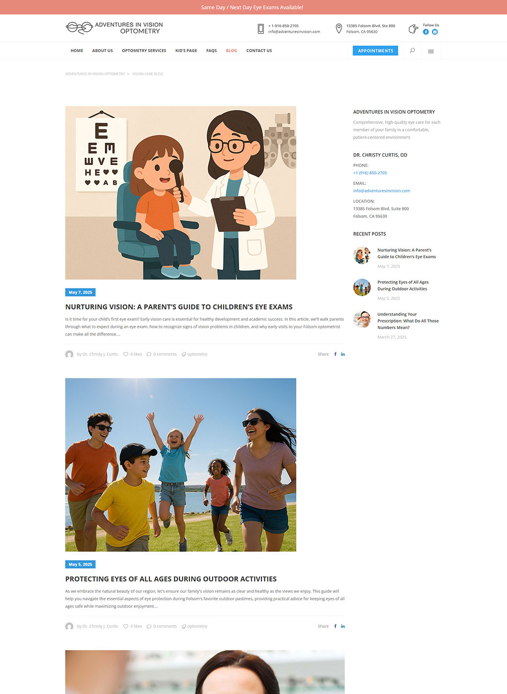 Website developed for Adventures in Vision Optometry