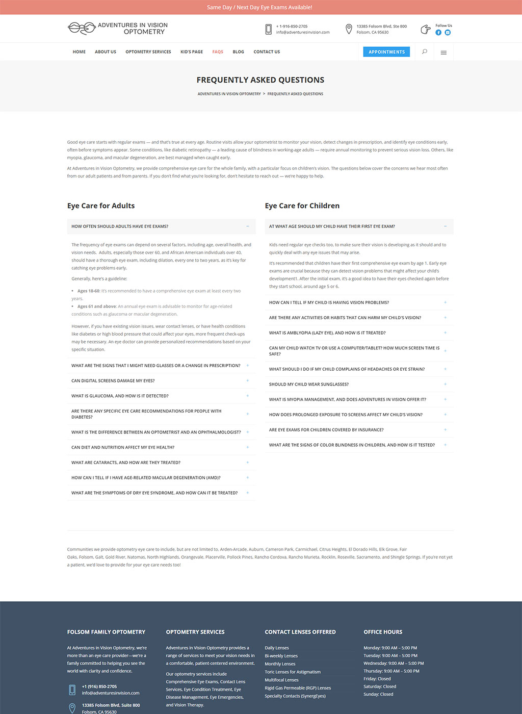 Website developed for Adventures in Vision Optometry