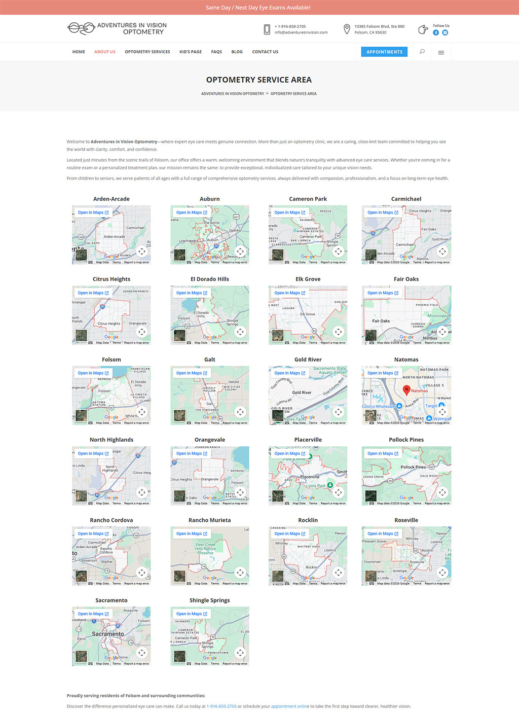 Website developed for Adventures in Vision Optometry