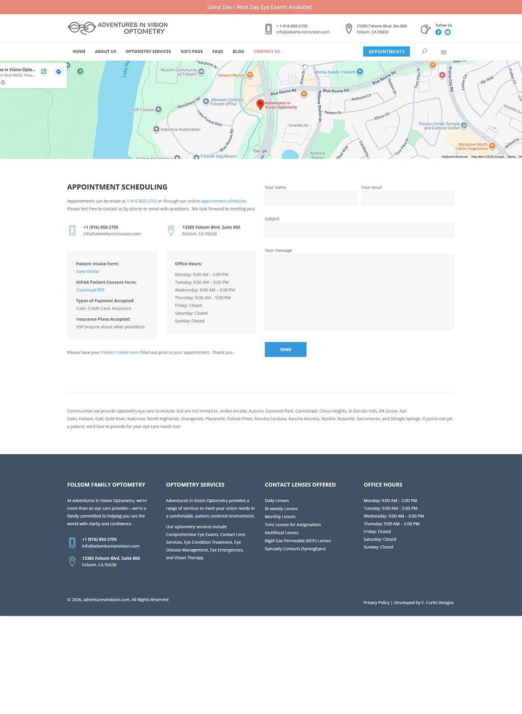 Website developed for Adventures in Vision Optometry
