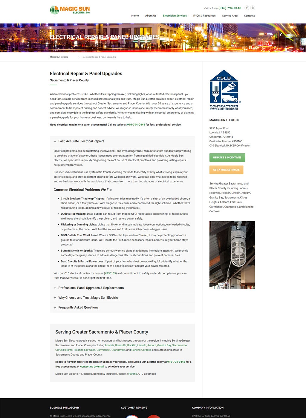 Website developed for Magic Sun Electric