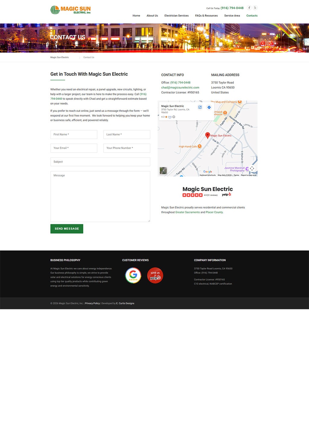 Website developed for Magic Sun Electric